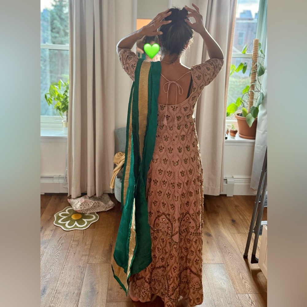 🦚 Pink and emerald Green Lehenga Anarkali South Asian with Gold Accents Silk